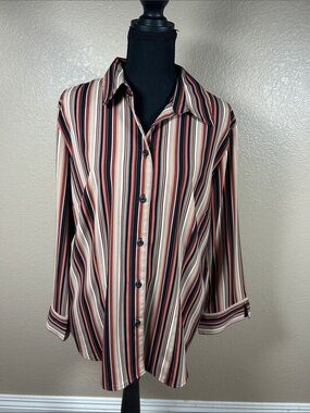 Notations Women’s Large Vertical Striped Button Front Long Sleeve Blouse